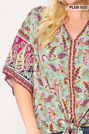 Paisley Printed V-neck Top With Front Tie