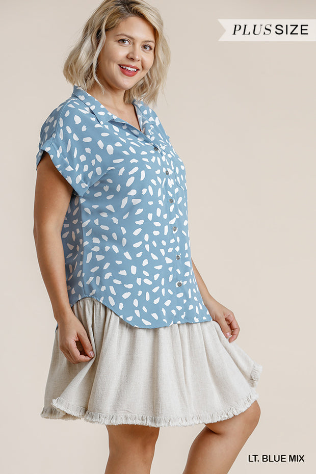 V-neck Dalmatian Print Button Front Top With Pocket Detail