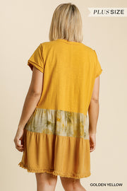 Tie Dye V-neck Short Folded Sleeve Raw Edged Detail Dress With Fringed Hem