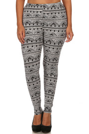 Knit, Tribal Pattern Print, Full Length Leggings With Elastic Waist