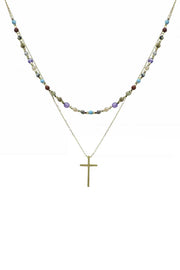 2 Layered Metal Chain Seed Bead Cross Pendant Necklace