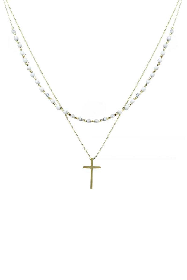 2 Layered Metal Chain Seed Bead Cross Pendant Necklace