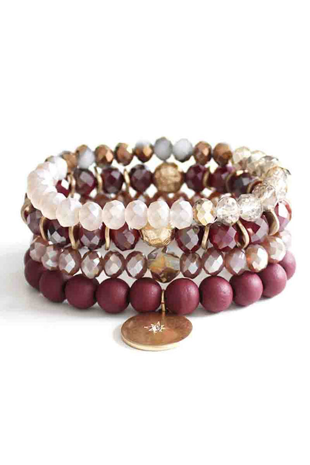 Crystal Wood Bead Stretch Bracelet Set