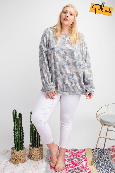 Plus Size Long Sleeve Distressed Printed Rayon Pullover Top
